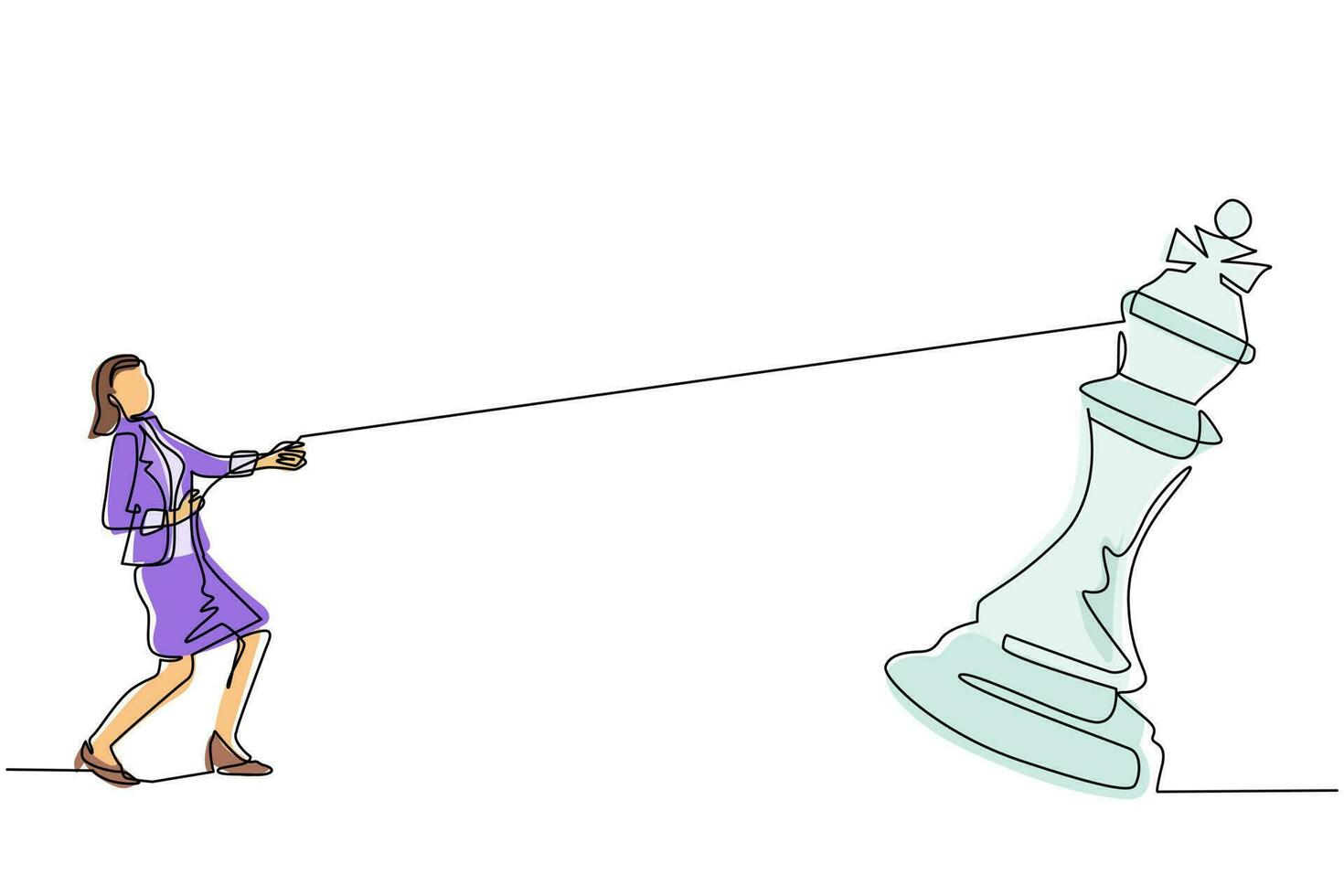 Single one line drawing businesswoman pulling big king chess with rope. Business achievement goal, strategy, competitive, strategic concept. Continuous line draw design graphic vector illustration