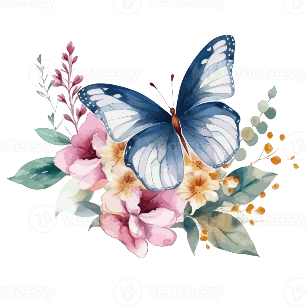 Watercolor butterfly and bouquets spring flowers . png