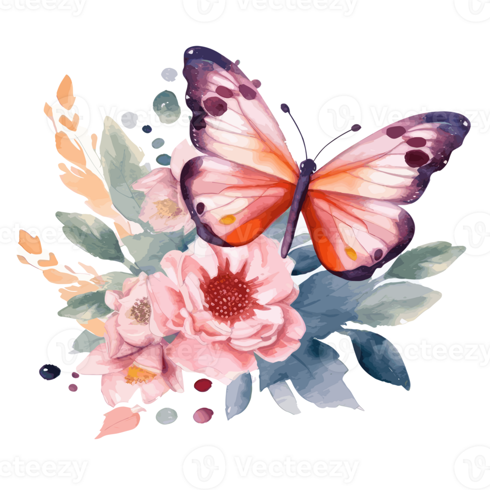Watercolor butterfly and bouquets spring flowers . png