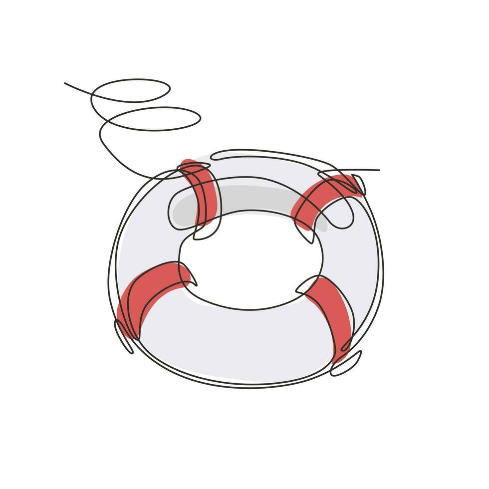 Single continuous line drawing lifebuoys, rescue belts, inflatable rubber ring with rope for help and safety of life drowning. Rescue ring for quick help. One line draw design vector illustration