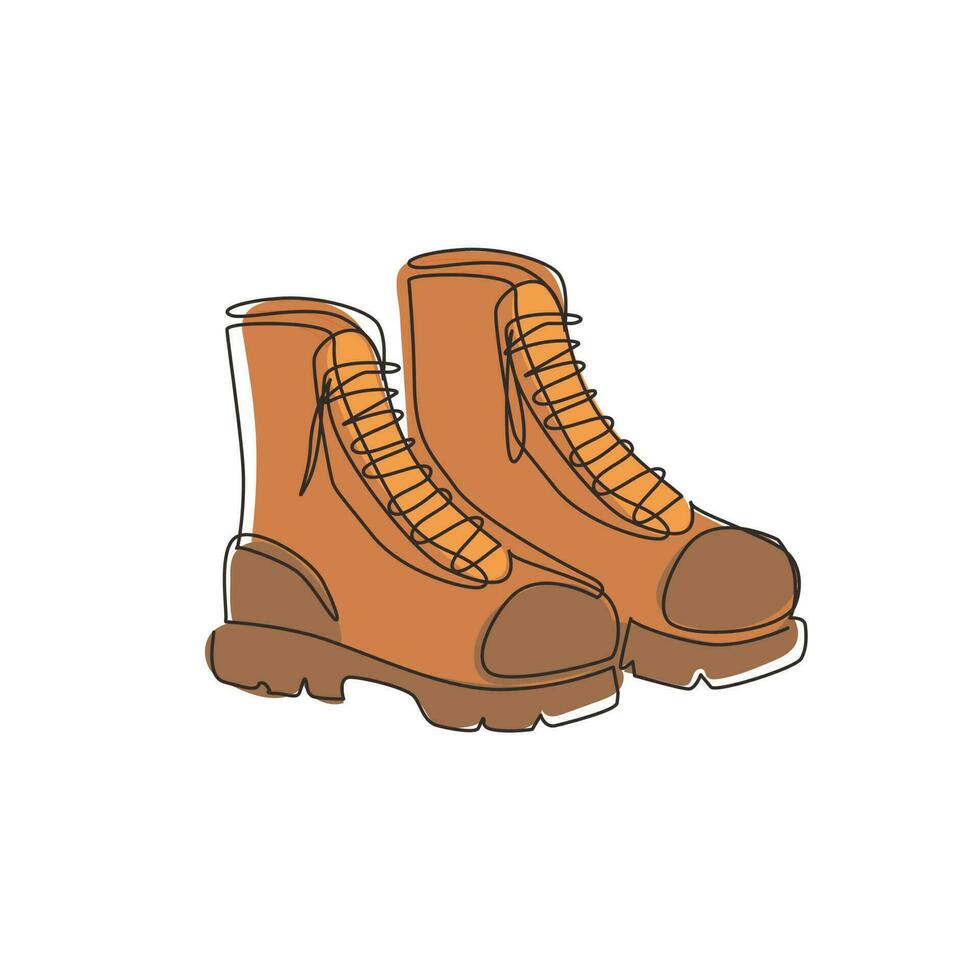 Single one line drawing tourist hiking boots icon. Trekking shoes vector. Outdoor activity men footwear. Outdoor leather boots symbol. Adventure shoes. Continuous line draw design graphic illustration vector