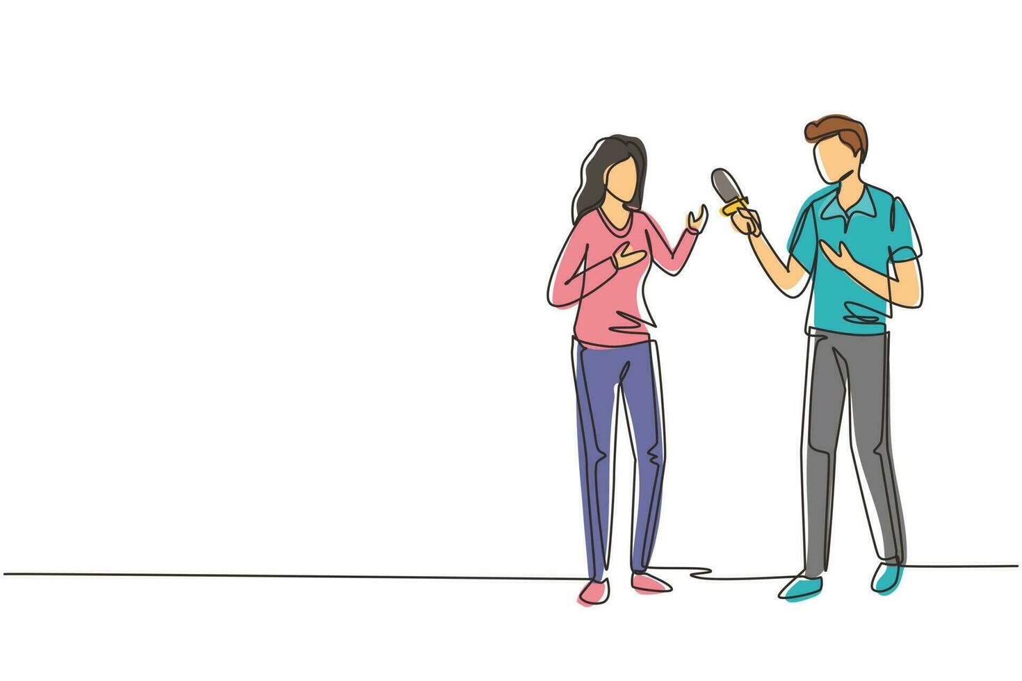 Single one line drawing male tv reporter interviewing questions. Man holding an interview with woman, professional journalist in conversation. Continuous line draw design graphic vector illustration