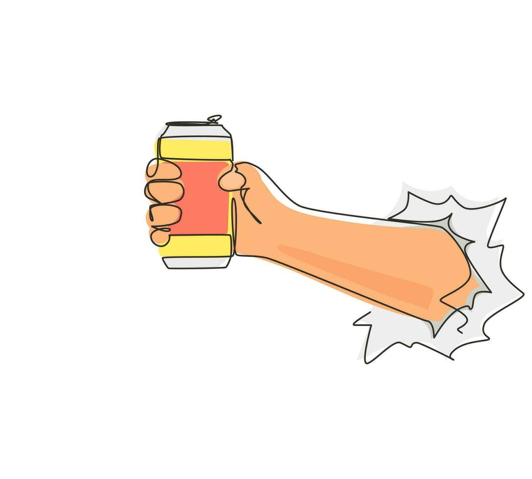 Single one line drawing hand holding a aluminum can drink through torn white paper without label. Beverages in metal container. Refreshing drink for people. Continuous line draw design graphic vector