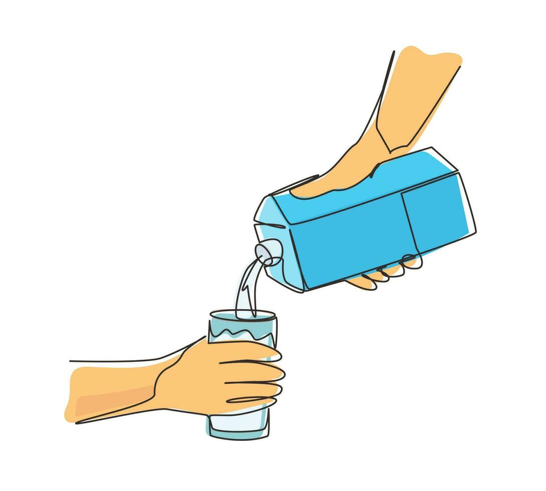 Continuous one line drawing hand holding carton of milk poured into glass. Hand hold milk box and pour milk into glass. Splash of milk drop from carton box. Single line draw design vector illustration