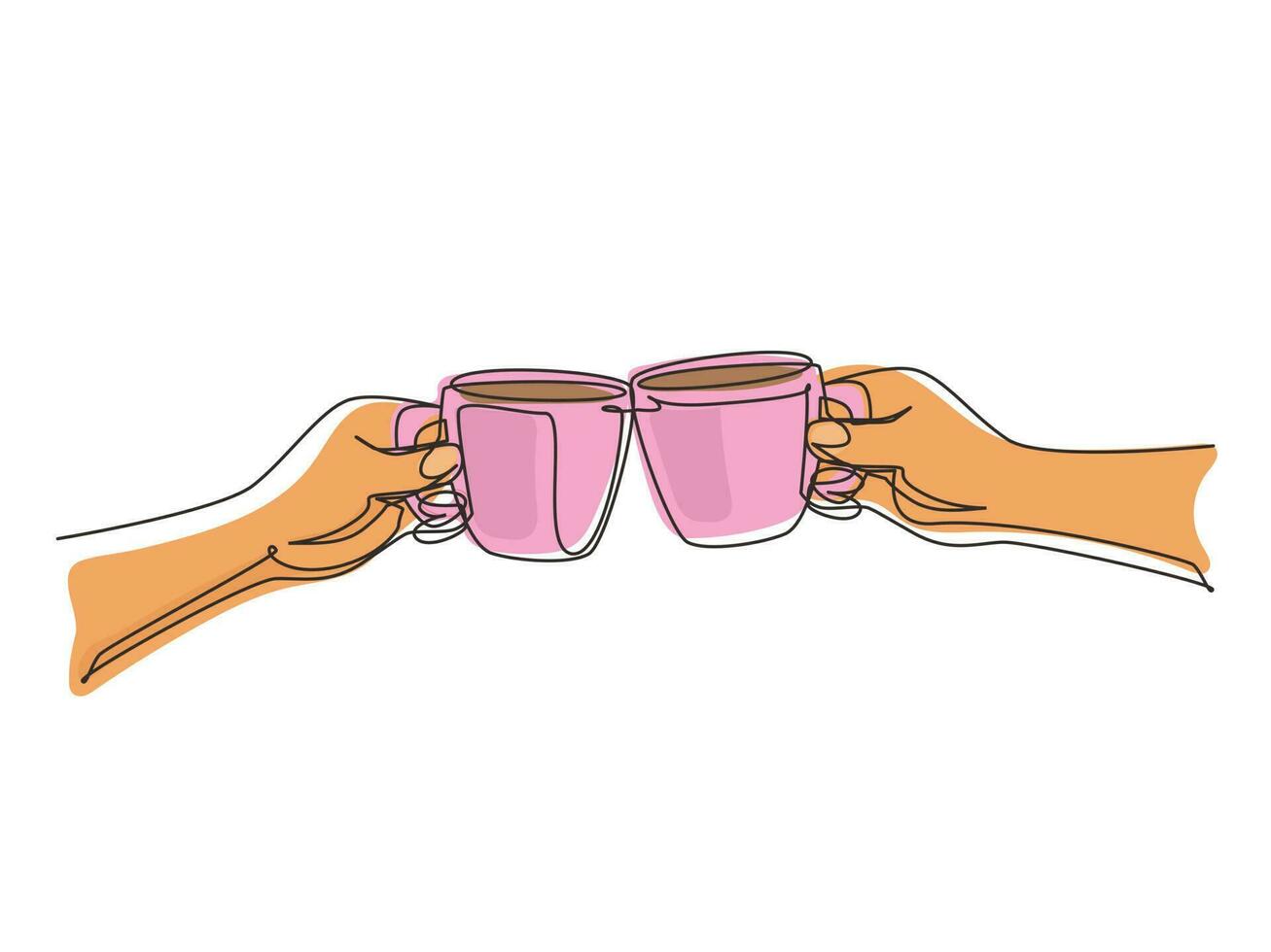 Single continuous line drawing hands with cups of hot coffee or hot tea. Clink glasses with two cups of coffee. Close-up cropped view of two hands holding cup and toast. One line draw design vector