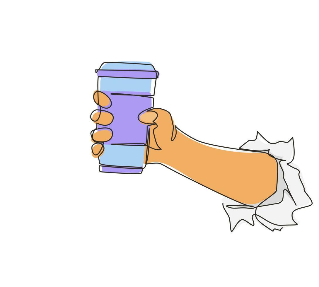 Continuous one line drawing hand holding disposable paper black coffee cup through torn white paper. Energy boost, hot drink in take-away package. Single line draw design vector graphic illustration