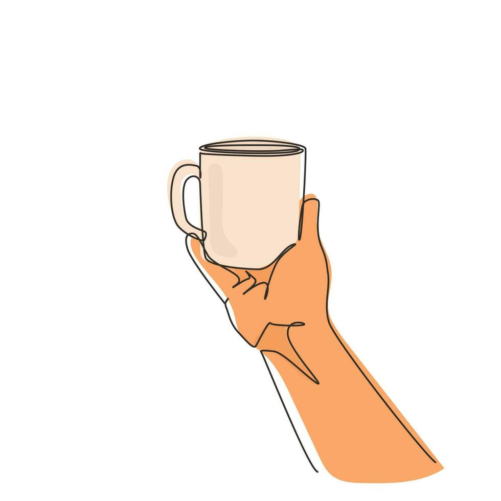 Single one line drawing female hand holding a cup with tea or coffee. Realistic drawing of beautiful hand holding mug with hot beverage. Modern continuous line draw design graphic vector illustration