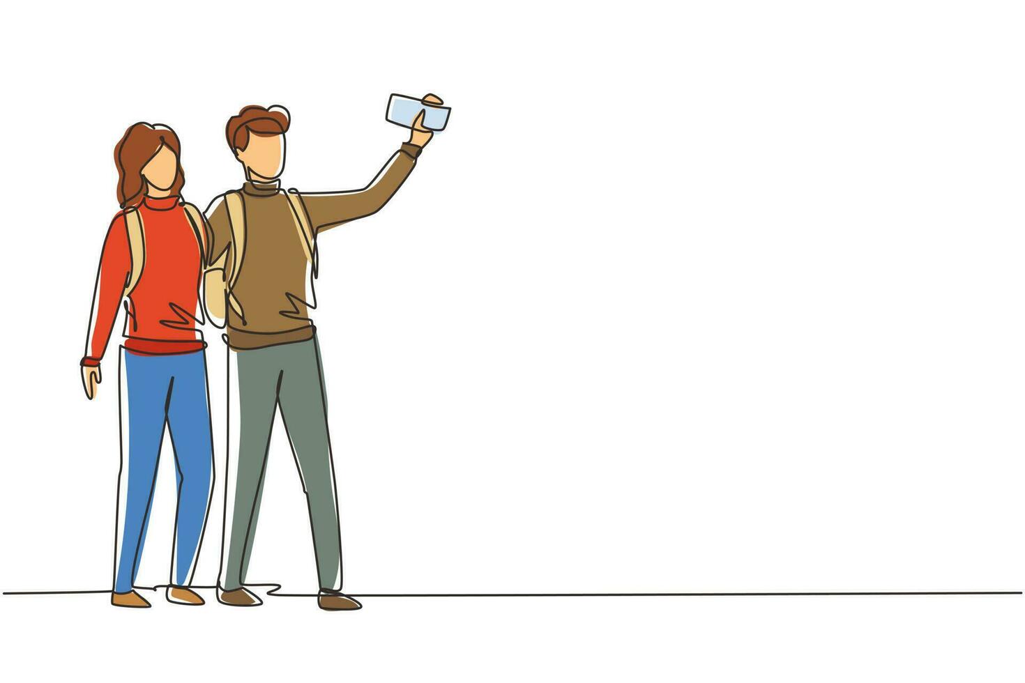 Single continuous line drawing couple standing full length trying to take selfie with mobile device in hand. Man and woman are photographed together. One line draw graphic design vector illustration