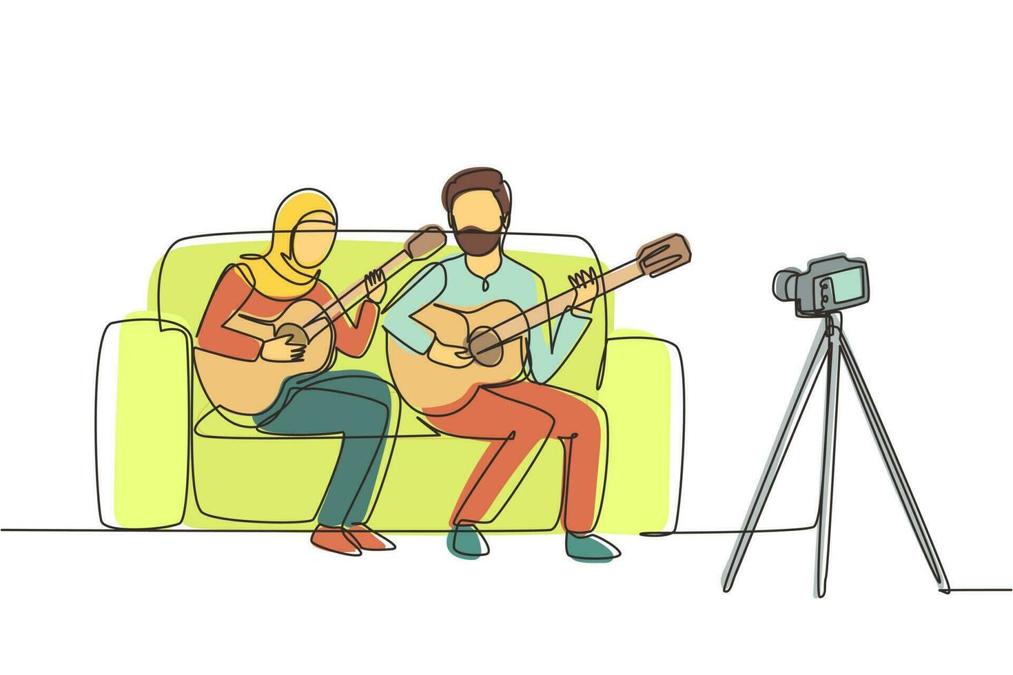 dibujo de una sola línea continua pareja árabe vlog influencer interpretando un programa de música para transmitir audiencia en línea escuchando en casa. hombre mujer tocando la guitarra y cantando canciones. vector de diseño de dibujo de una línea