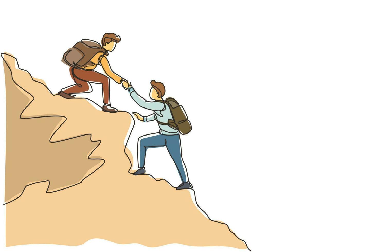Single one line drawing two men hiker helping each other on top of mountain. Teamwork hiking help each other trust assistance. Goal concept. Continuous line draw design graphic vector illustration