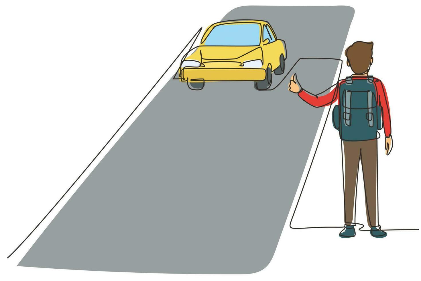 Single continuous line drawing hitchhiking road travel. Man with big backpack stopped ride by thumbing. Vacation and trip concept for banner, website. One line draw graphic design vector illustration