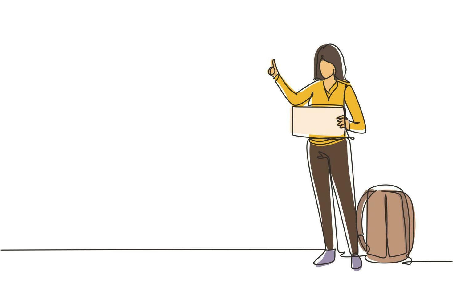 Single one line drawing women with luggage and thumbs up waiting for car by roadside. Hitchhiking road travel. Vacation and trip concept. Modern continuous line draw design graphic vector illustration