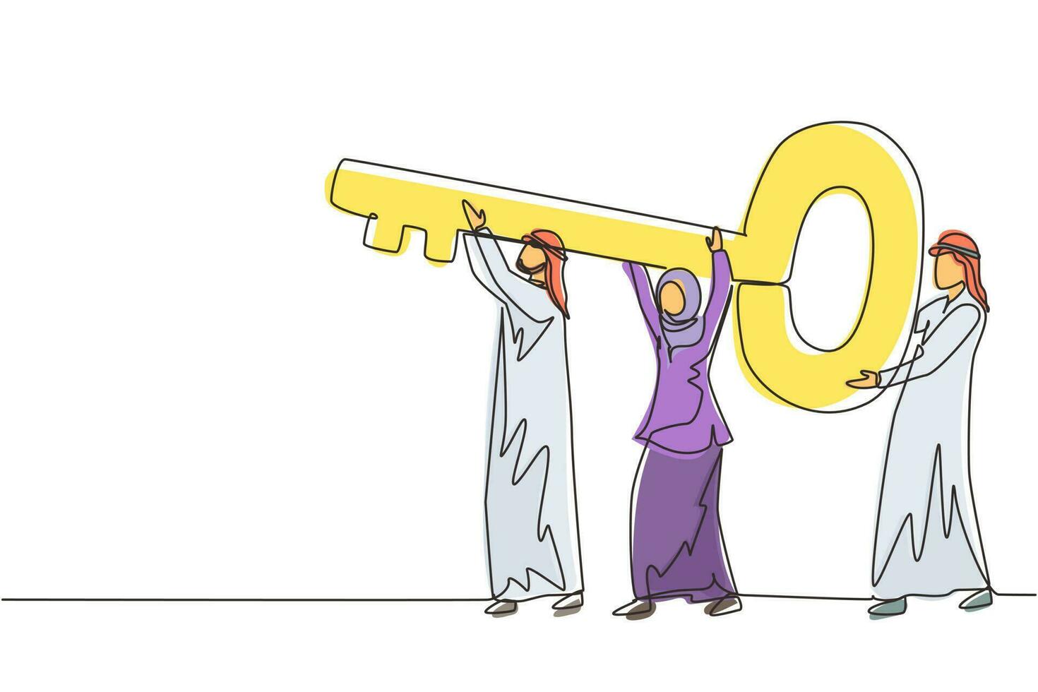 equipo de negocios árabe de dibujo de una sola línea sosteniendo y llevando una llave grande para desbloquear la cerradura. trabajo en equipo cooperativo, concepto de negocio colaborativo. ilustración de vector de diseño de dibujo de línea continua