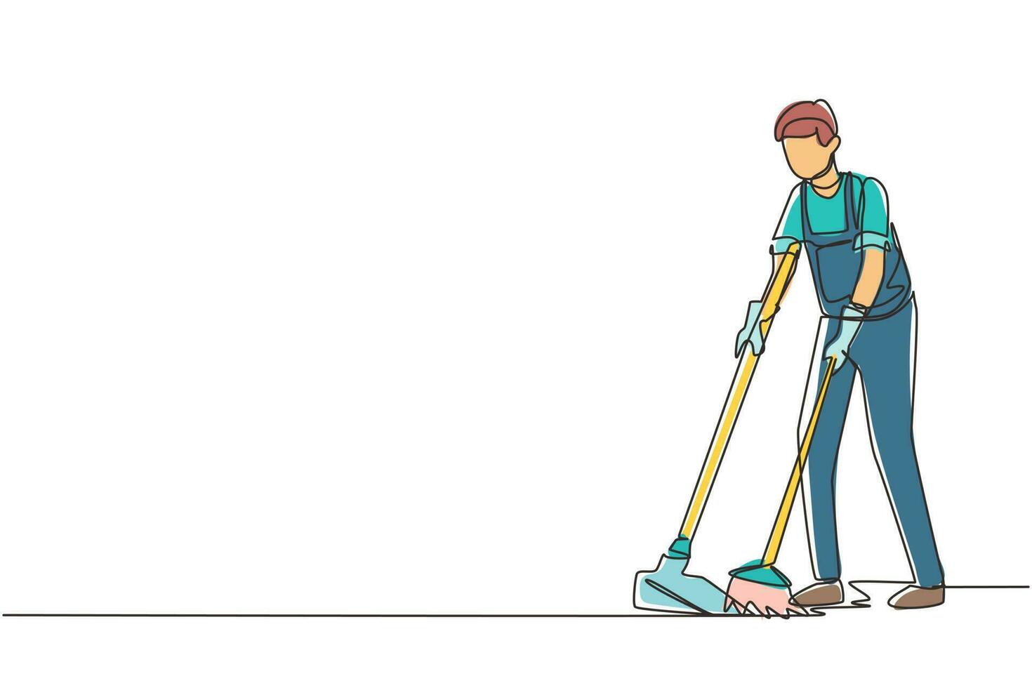Single continuous line drawing housekeeping male worker with broom and dustpan. Young man janitor, sweeping the floor with broom, holding dustpan, professional cleaning. One line draw design vector