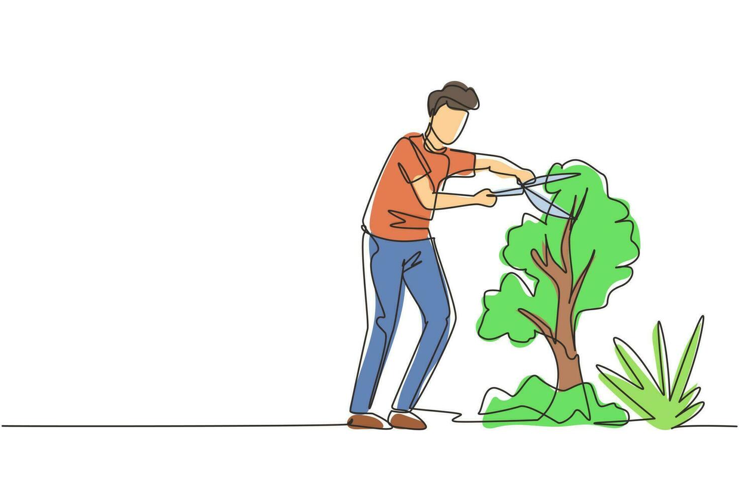 Single continuous line drawing gardener works in garden worker with scissors cuts green tree, takes care of plants agricultural worker. Spring gardening. Man planting. One line draw design vector