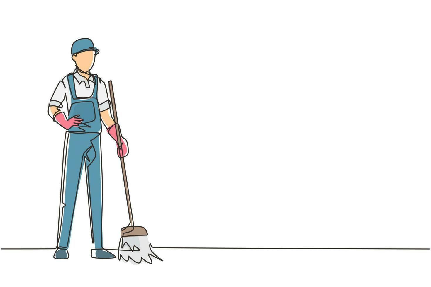 Continuous one line drawing smiling young male janitor standing in uniform, sweeping the floor with broom, professional cleaning, home and office service. Single line draw design vector illustration