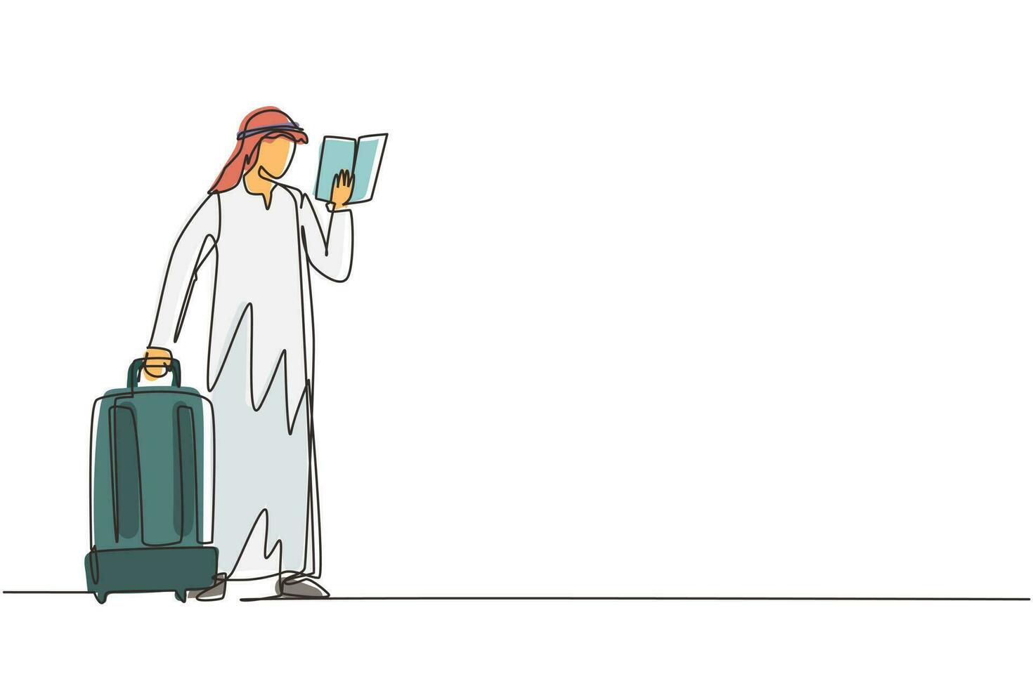 un solo dibujo de una línea hombre árabe leyendo un libro de texto. estudiante masculino de pie con libro abierto en manos y maleta. Lector entusiasta para la educación. ilustración de vector de diseño de dibujo de línea continua