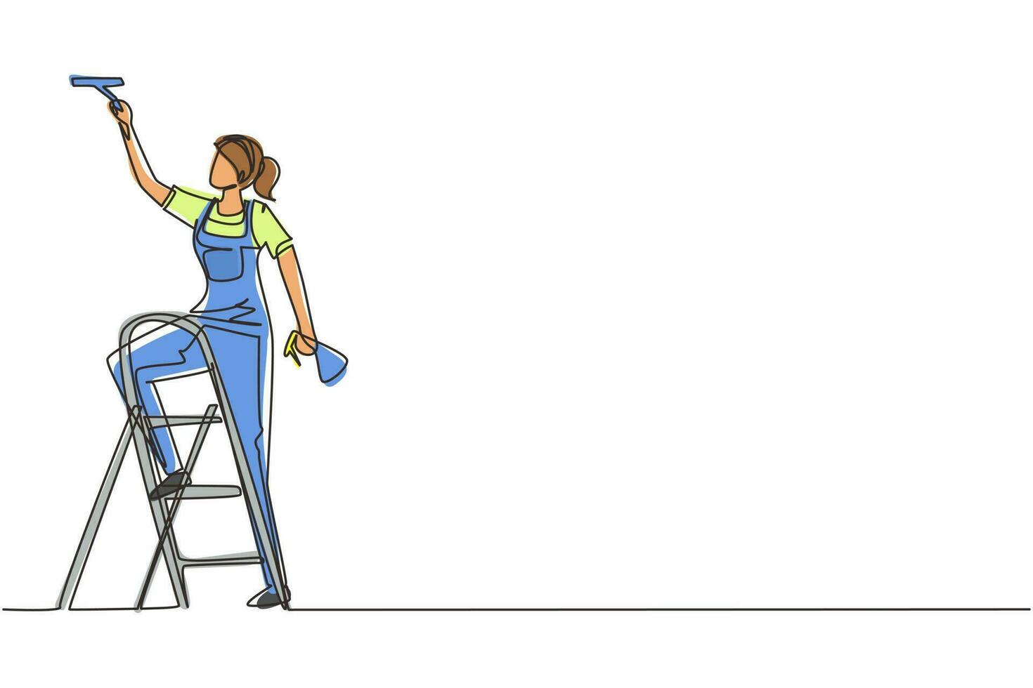 Single one line drawing woman cleaner standing on ladder, washing with wiper. Cleaning service, cleaning tools, washing sponge, house cleaning, housework. Continuous line design vector illustration