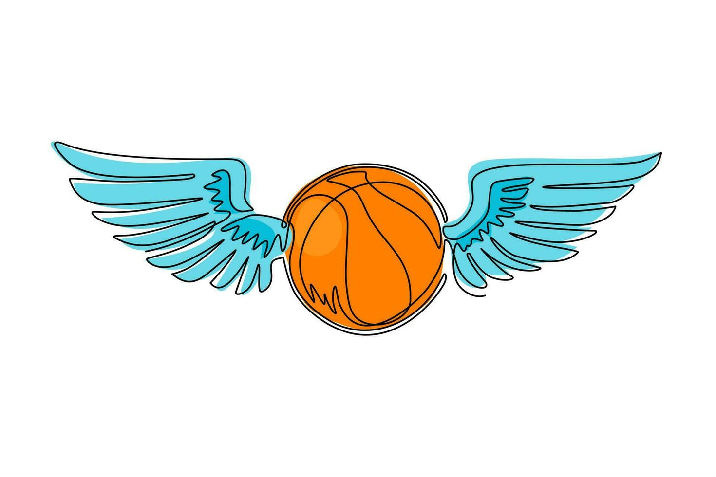 Single continuous line drawing flying basketball ball with wings. Basketball emblem. Flying ball. Black and white outline. Logo for the game and team. Dynamic one line draw design vector illustration