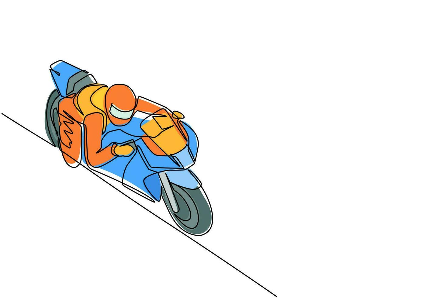 motociclista de dibujo de una sola línea con casco, montando motocicleta en carretera asfaltada. joven en overoles de corredor y casco sentado en bicicleta deportiva. ilustración de vector gráfico de diseño de dibujo de línea continua