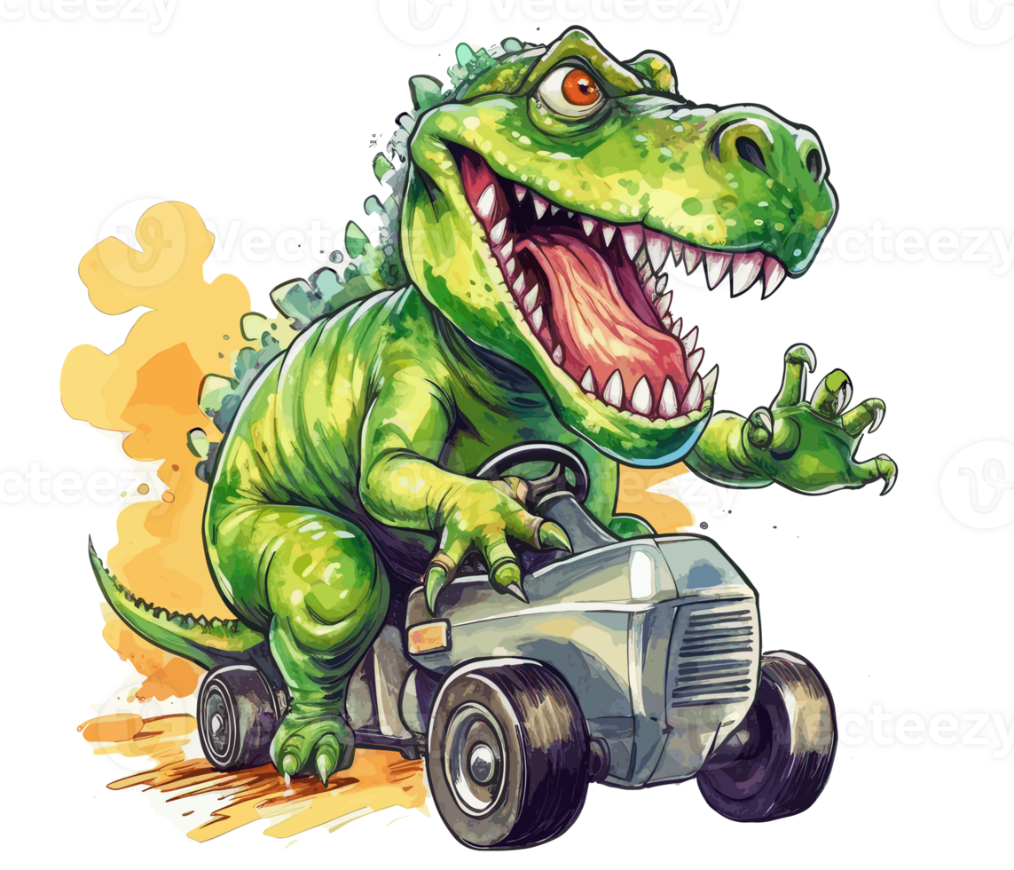 t-rex equitazione su camion , cartone animato dinosauro personaggi guida . ai generato png