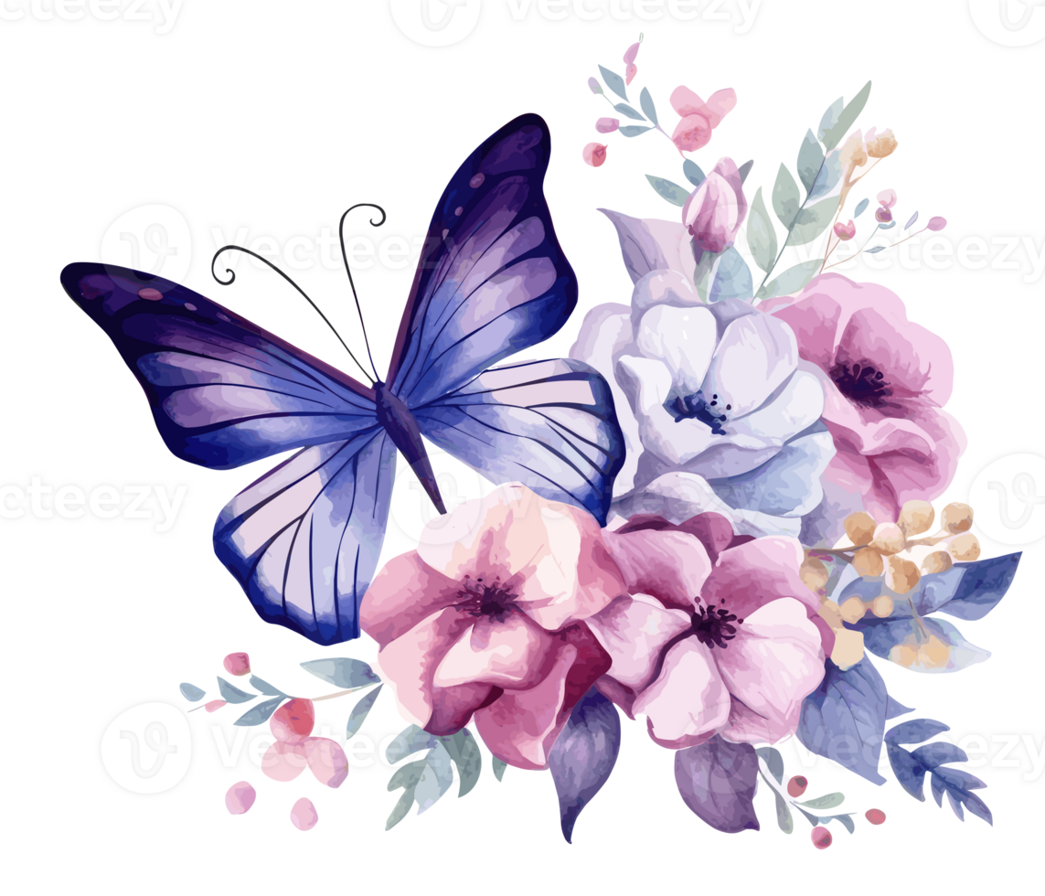 Watercolor colorful butterfly and flower . png