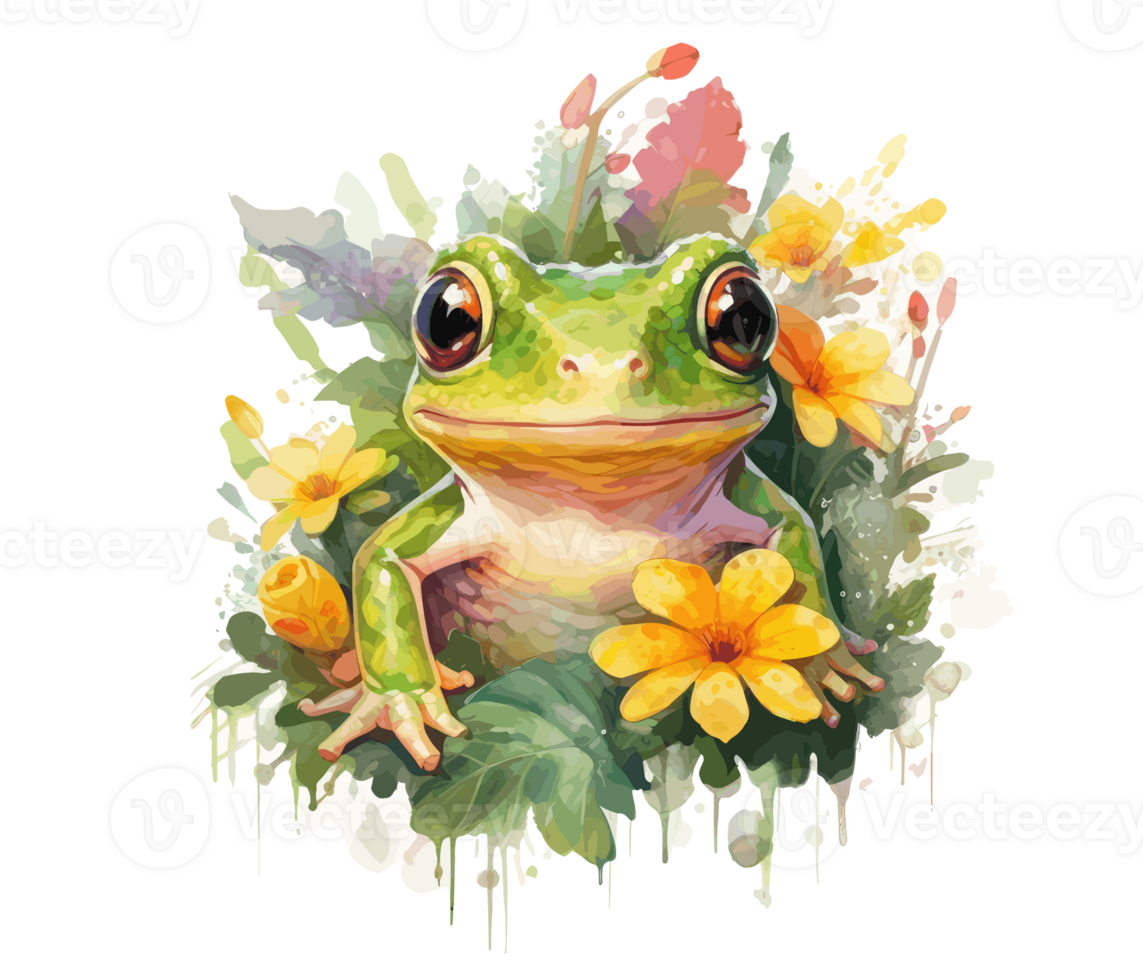 bezaubernd Baby Frosch mit Blumen Aquarell. generativ ai png