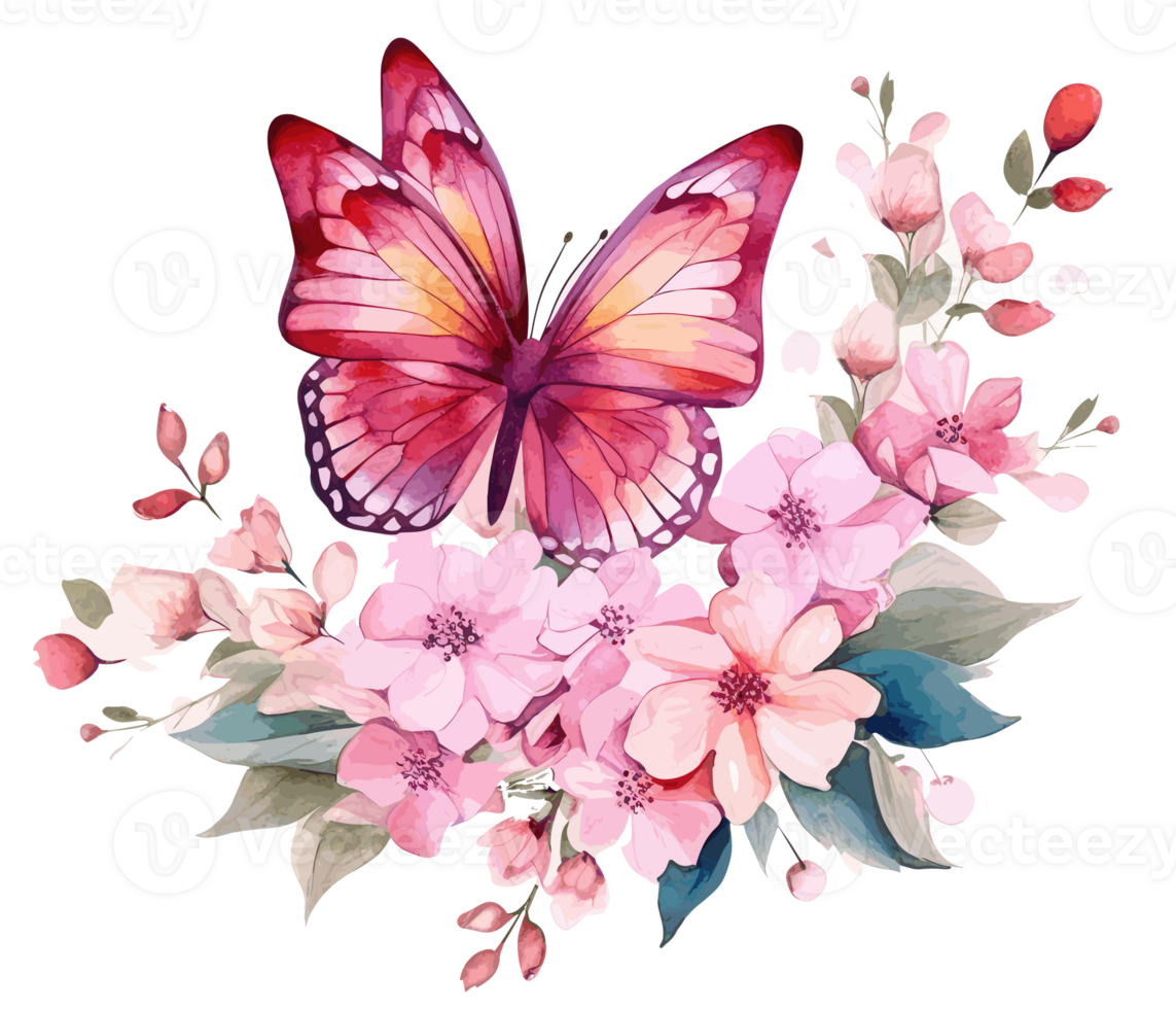 Watercolor colorful butterfly and flower . png