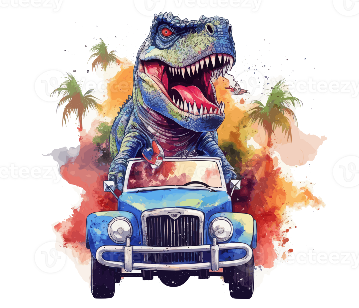 t-rex rijden Aan vrachtauto , tekenfilm dinosaurus tekens het rijden . ai gegenereerd png