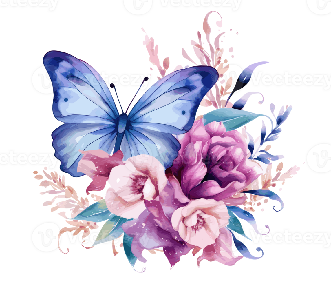 Watercolor colorful butterfly and flower . png