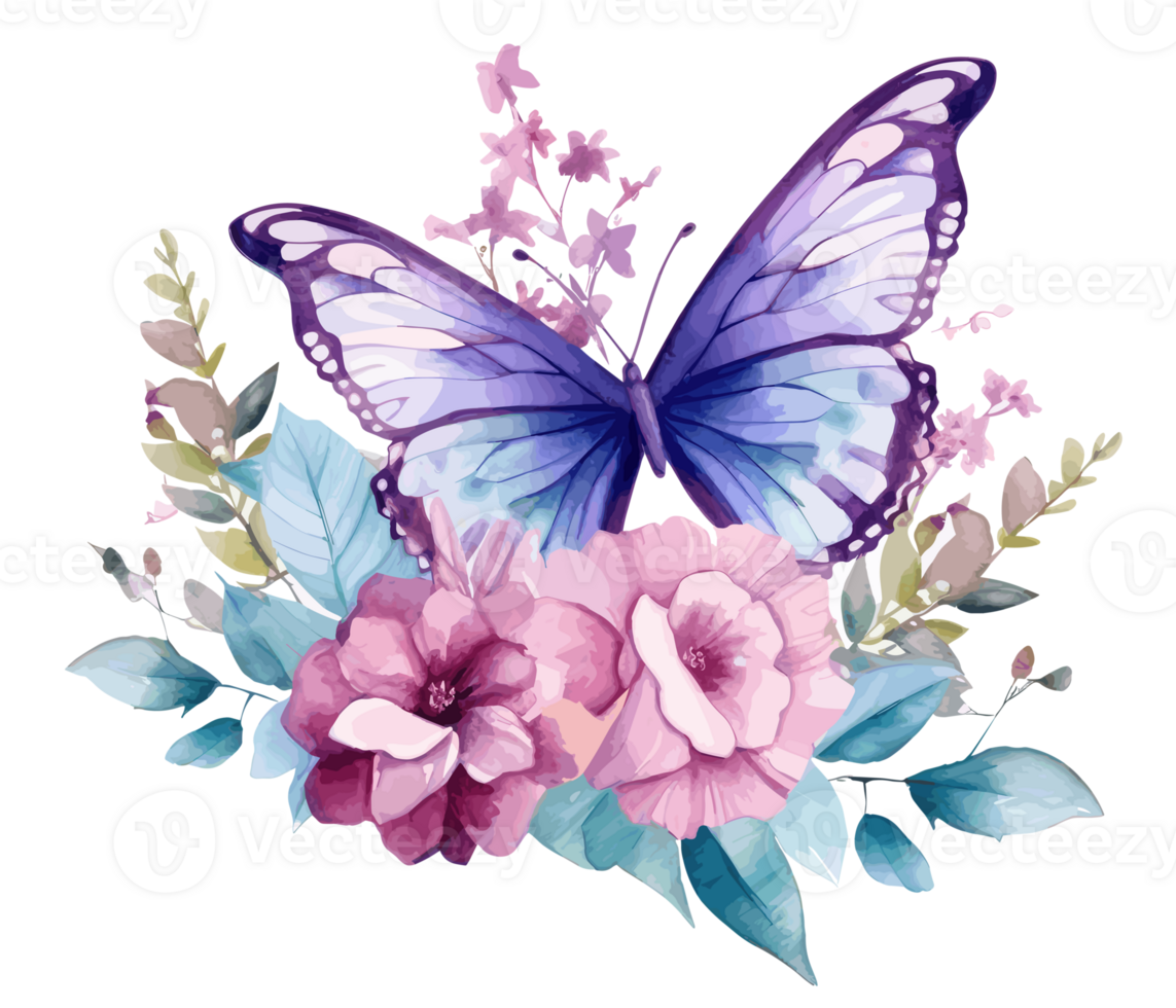 Watercolor colorful butterfly and flower . png