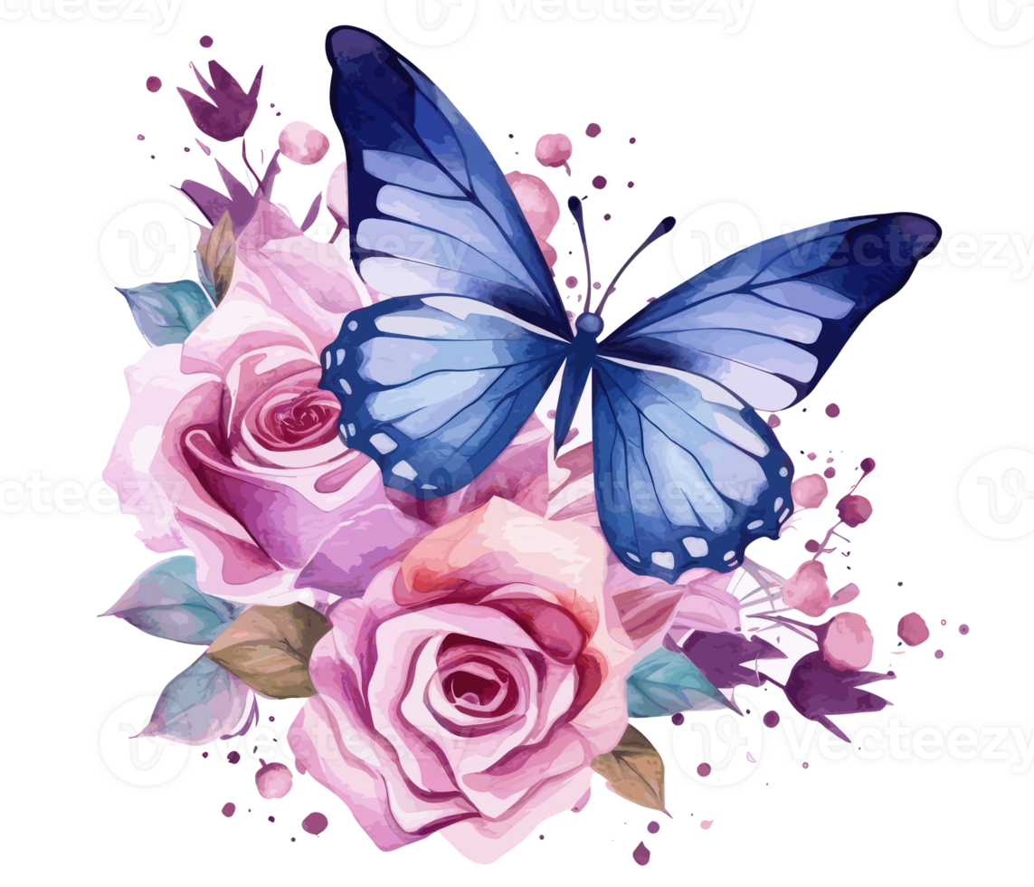 Watercolor colorful butterfly and flower . png
