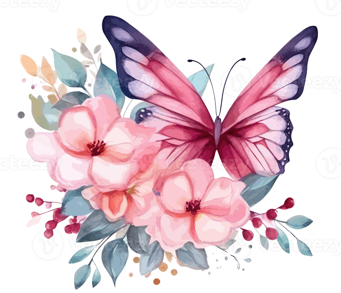 Watercolor colorful butterfly and flower . png