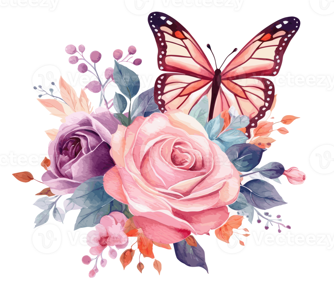 Watercolor colorful butterfly and flower . png