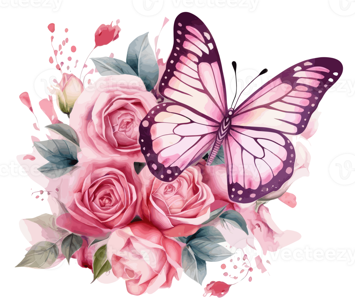 Watercolor colorful butterfly and flower . png