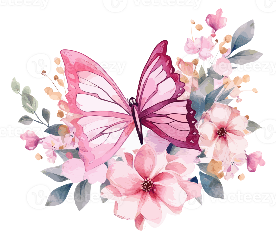 Watercolor colorful butterfly and flower . png