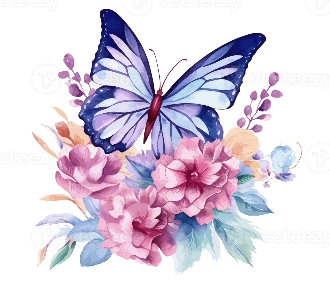 Watercolor colorful butterfly and flower . png