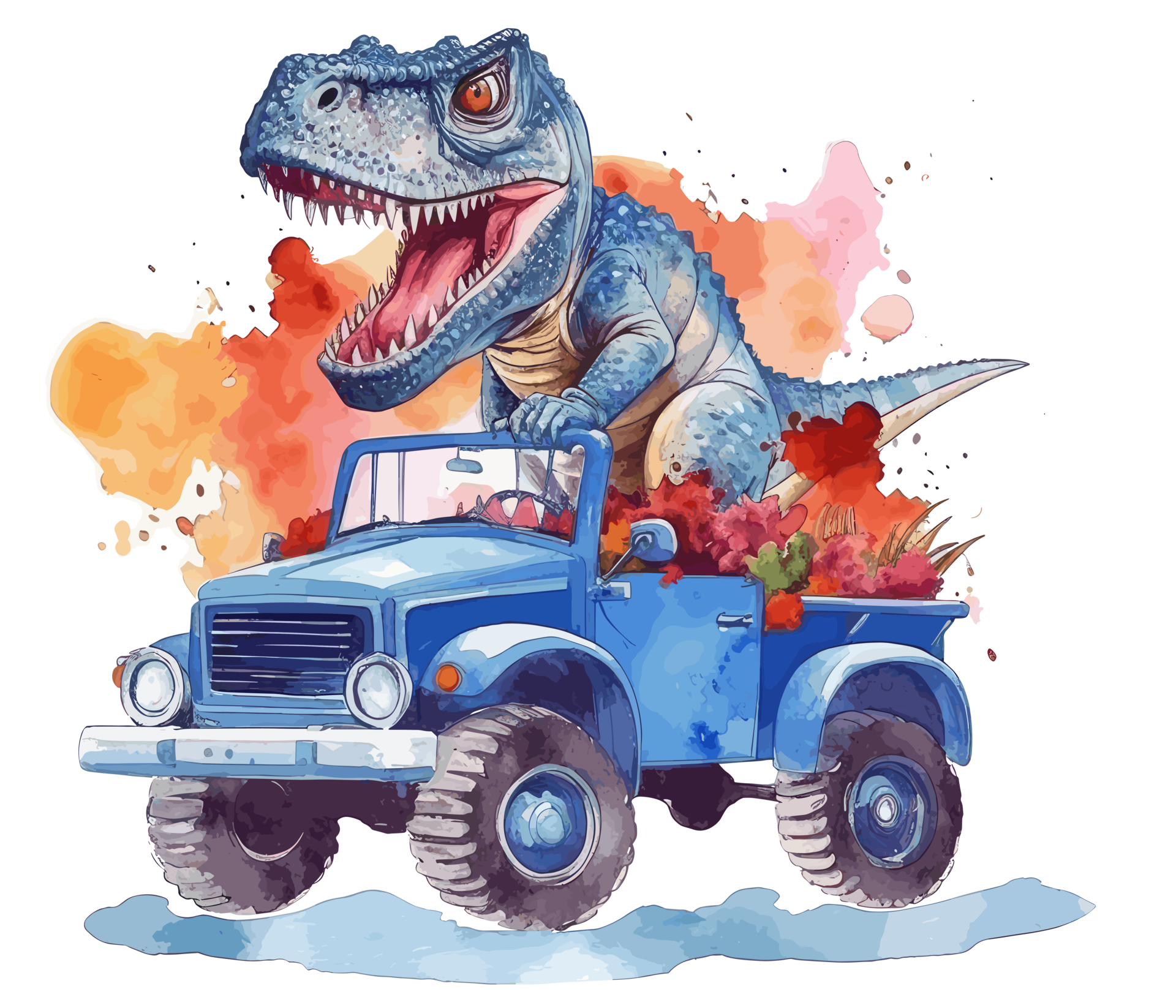 t-rex equitação em caminhão , desenho animado dinossauro personagens  dirigindo . ai gerado 23657746 PNG