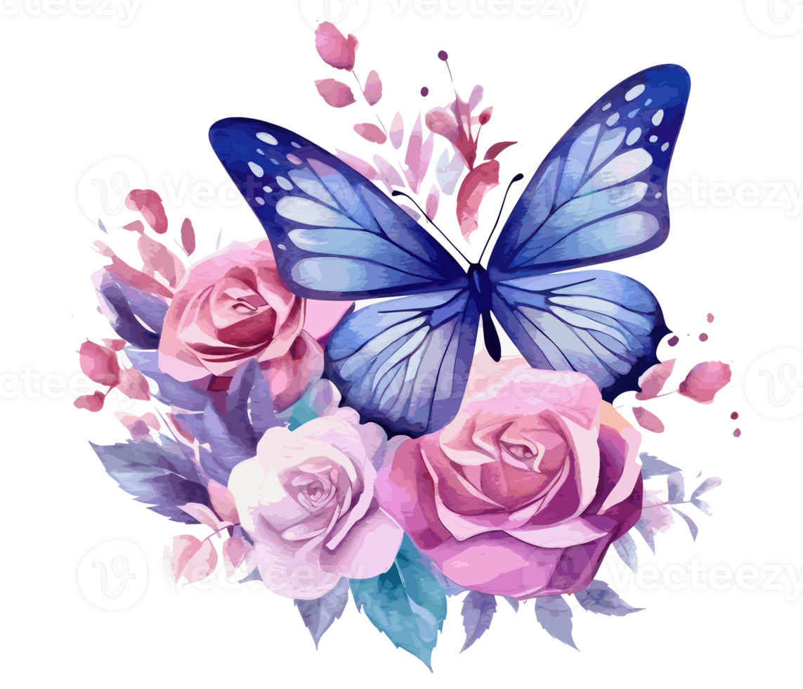 Watercolor colorful butterfly and flower . png