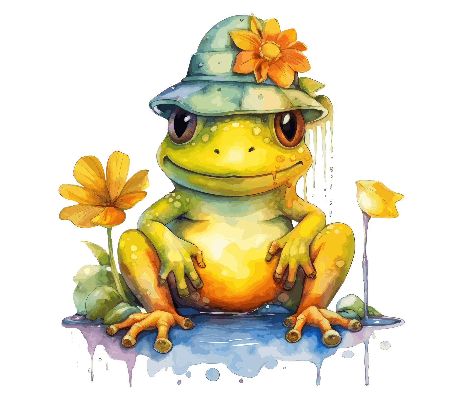 Adorable Baby Frog with Flowers Watercolor. 23657833 PNG