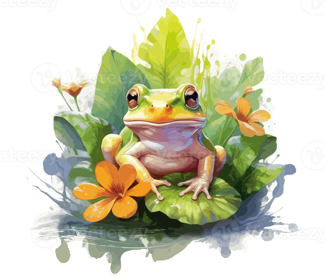 Adorable Baby Frog with Flowers Watercolor. png