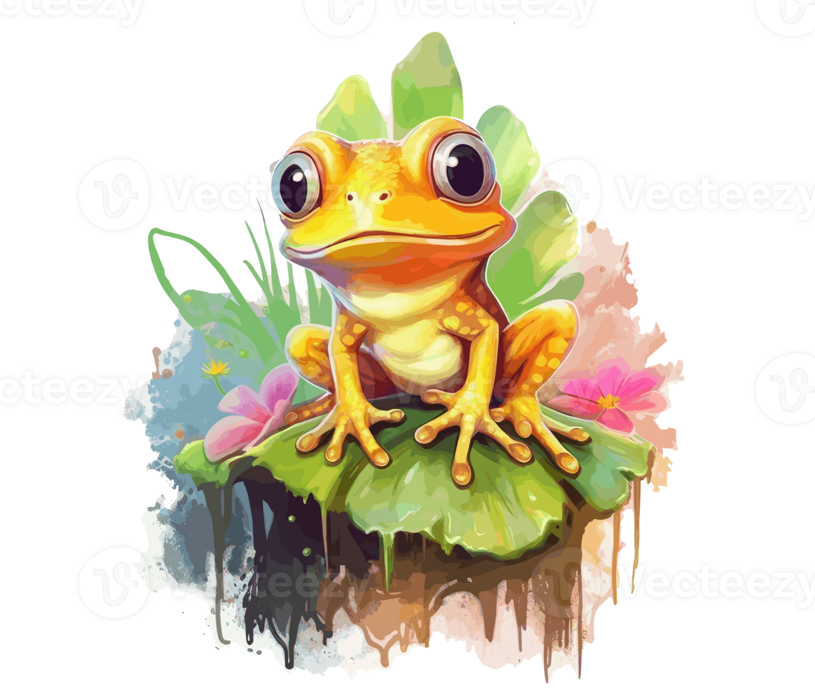 Adorable Baby Frog with Flowers Watercolor. png