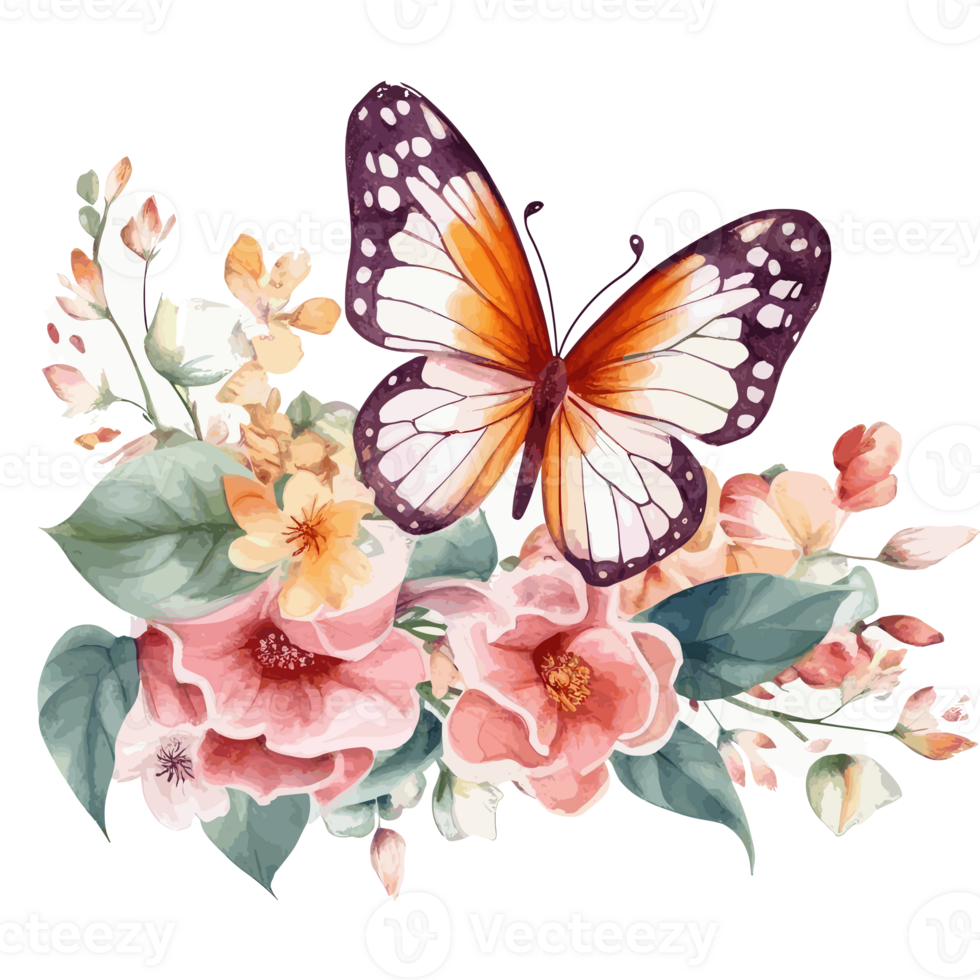 Watercolor butterfly and bouquets spring flowers . png
