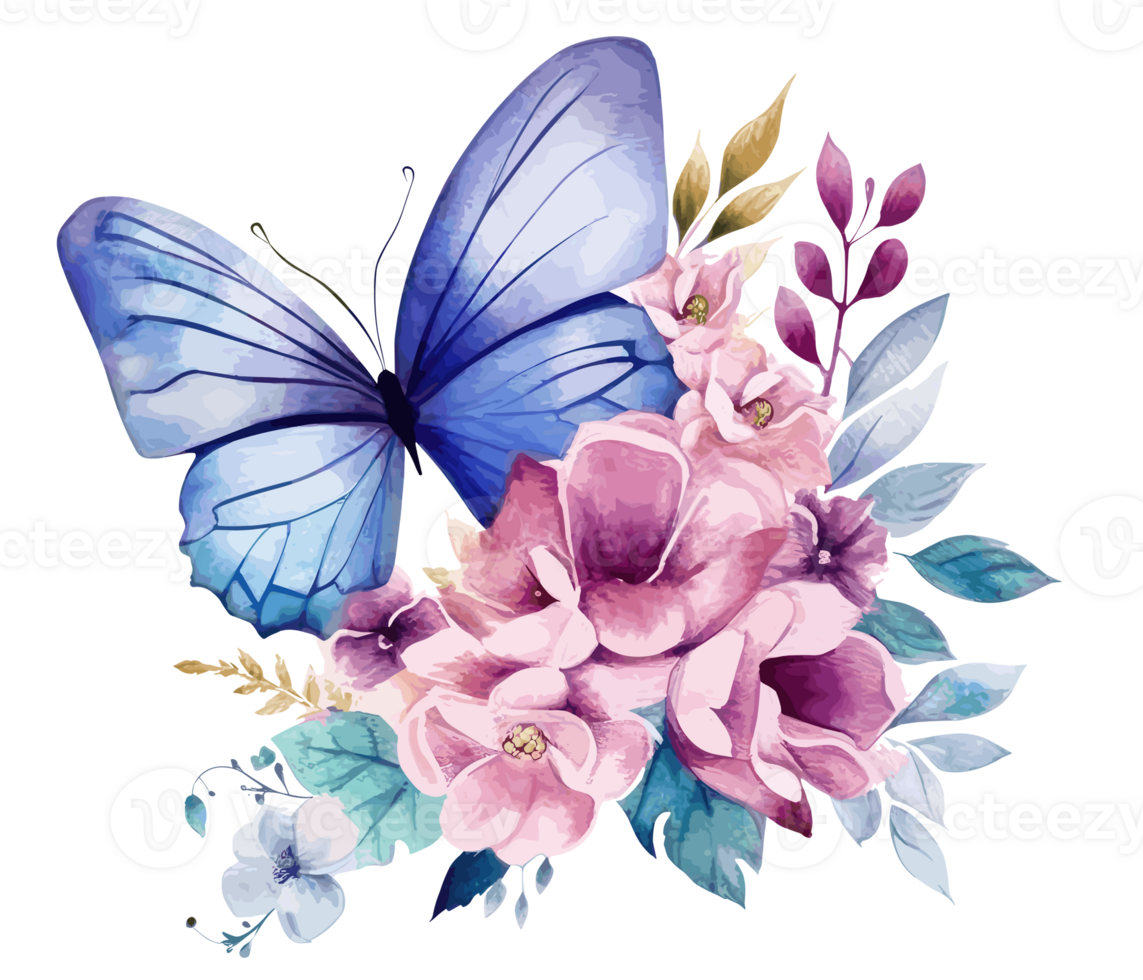 Watercolor colorful butterfly and flower . png