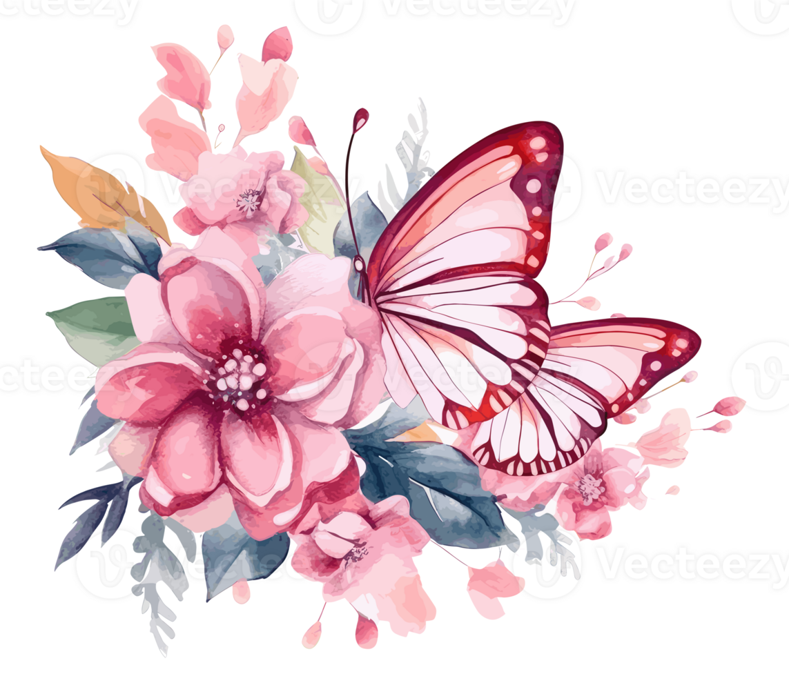 Watercolor colorful butterfly and flower . png