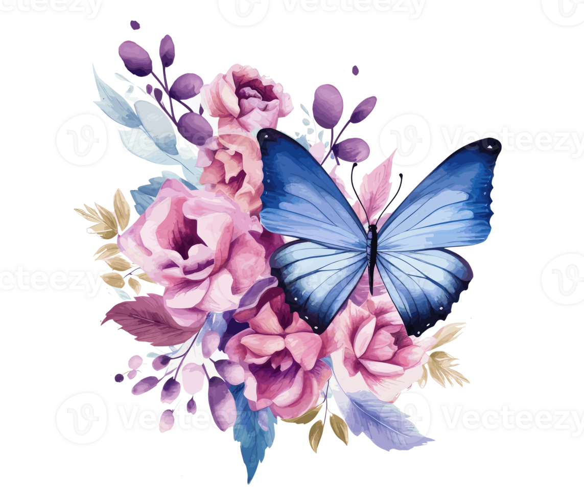 Watercolor colorful butterfly and flower . png