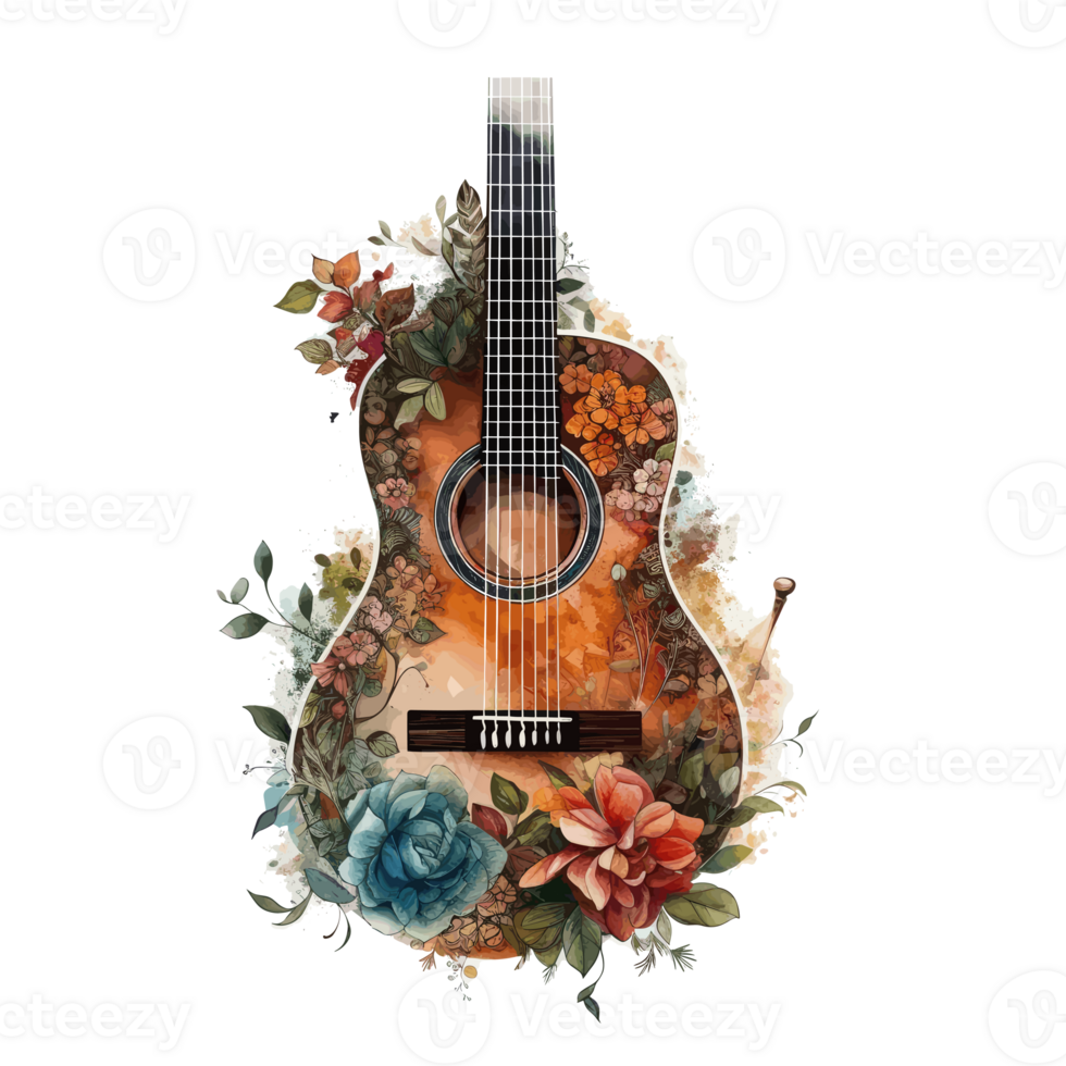 watercolor classical guitar Flowers clinging to the guitar . png
