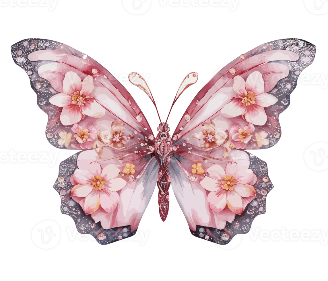 Watercolor colorful butterfly and flower . png