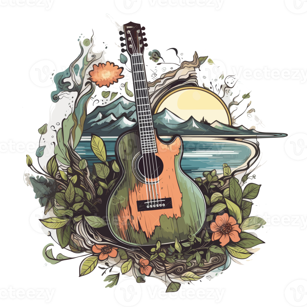 watercolor classical guitar Flowers clinging to the guitar . png
