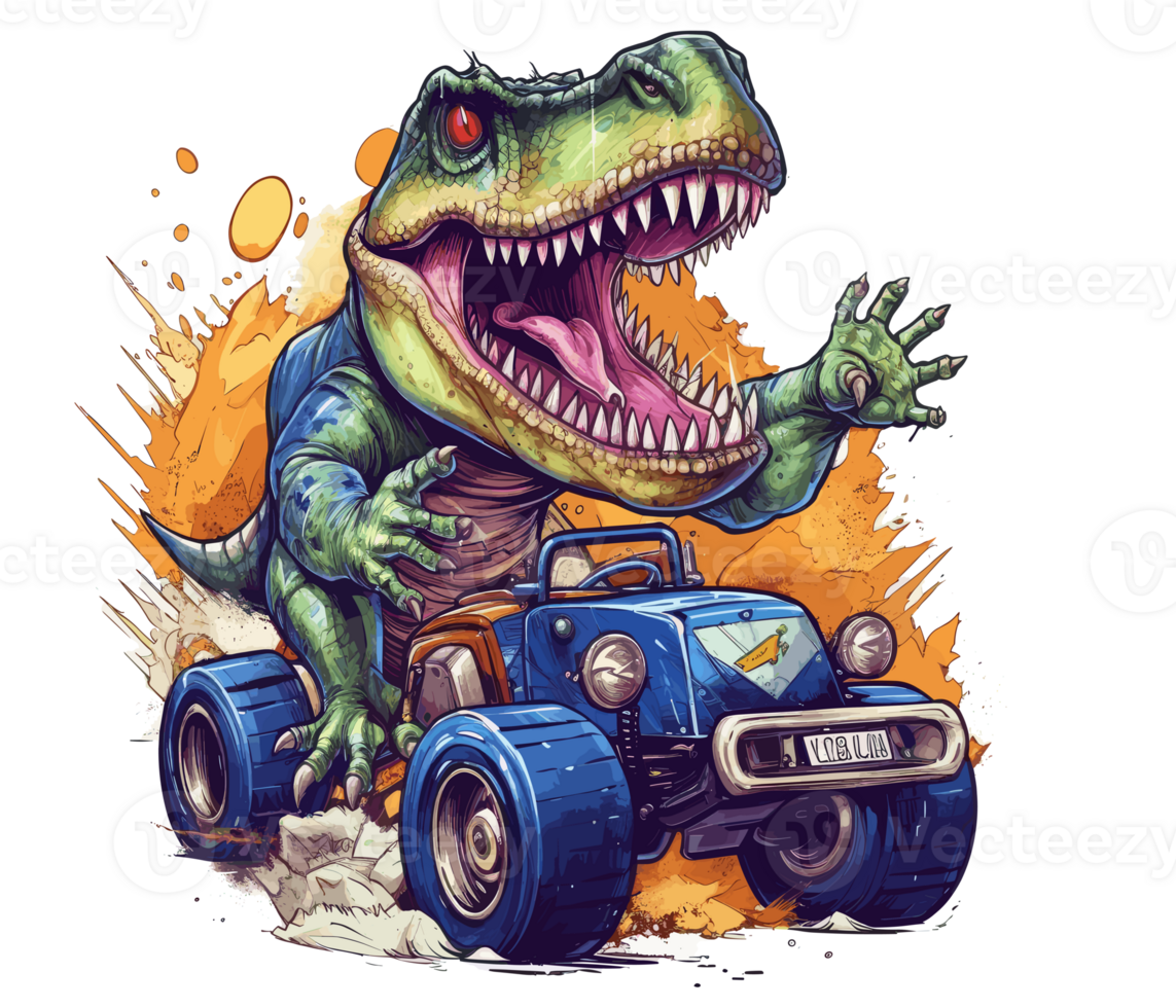 t-rex equitazione su camion , cartone animato dinosauro personaggi guida . ai generato png